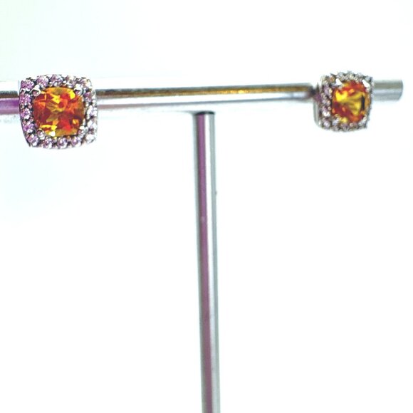 VTG Sterling Silver 925 Lemon Yellow Quartz CZ Halo Stud Earrings Size 8x8 mm - Picture 1 of 13